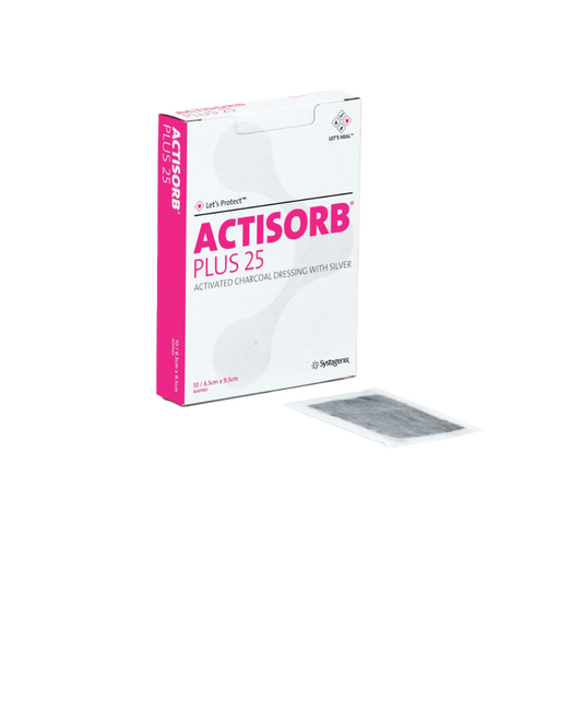 APÓSITO DE CARBÓN ACTIVADO CON PLATA, ELIMINA MAL OLOR, 6,5 X 9,5 CM. ACTISORB PLUS 25. UNIDAD